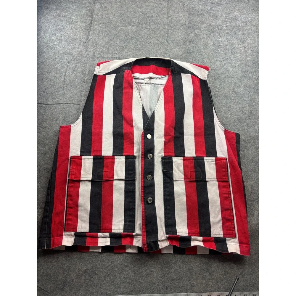 Vintage Striped Denim Utility Vest Red Black White XL Made in USA Streetwear